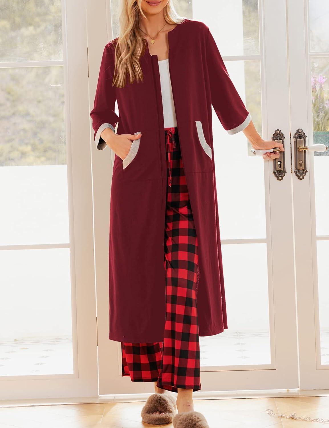 imageEkouaer Women Zipper Robe 34 Sleeves Loungewear Dress Full Length Sleepwear Pockets Housecoat Nightgown Long BathrobeStyle 1wine Red