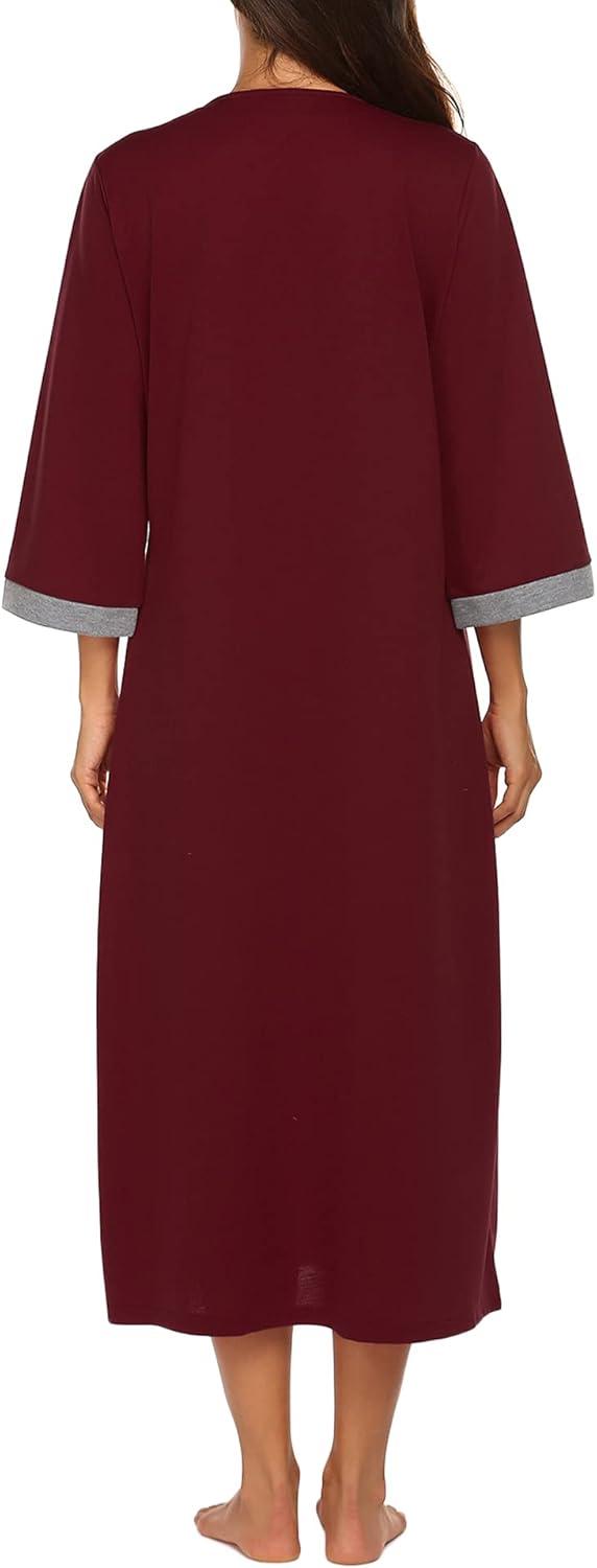 imageEkouaer Women Zipper Robe 34 Sleeves Loungewear Dress Full Length Sleepwear Pockets Housecoat Nightgown Long BathrobeStyle 1wine Red