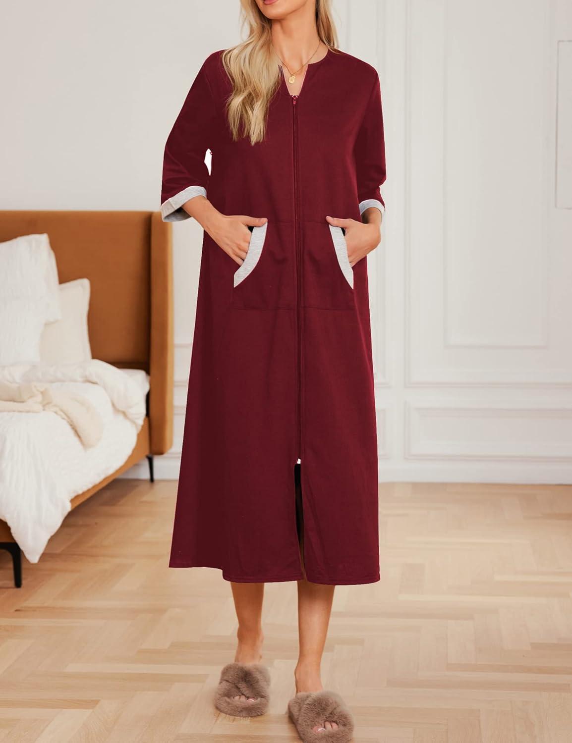 imageEkouaer Women Zipper Robe 34 Sleeves Loungewear Dress Full Length Sleepwear Pockets Housecoat Nightgown Long BathrobeStyle 1wine Red