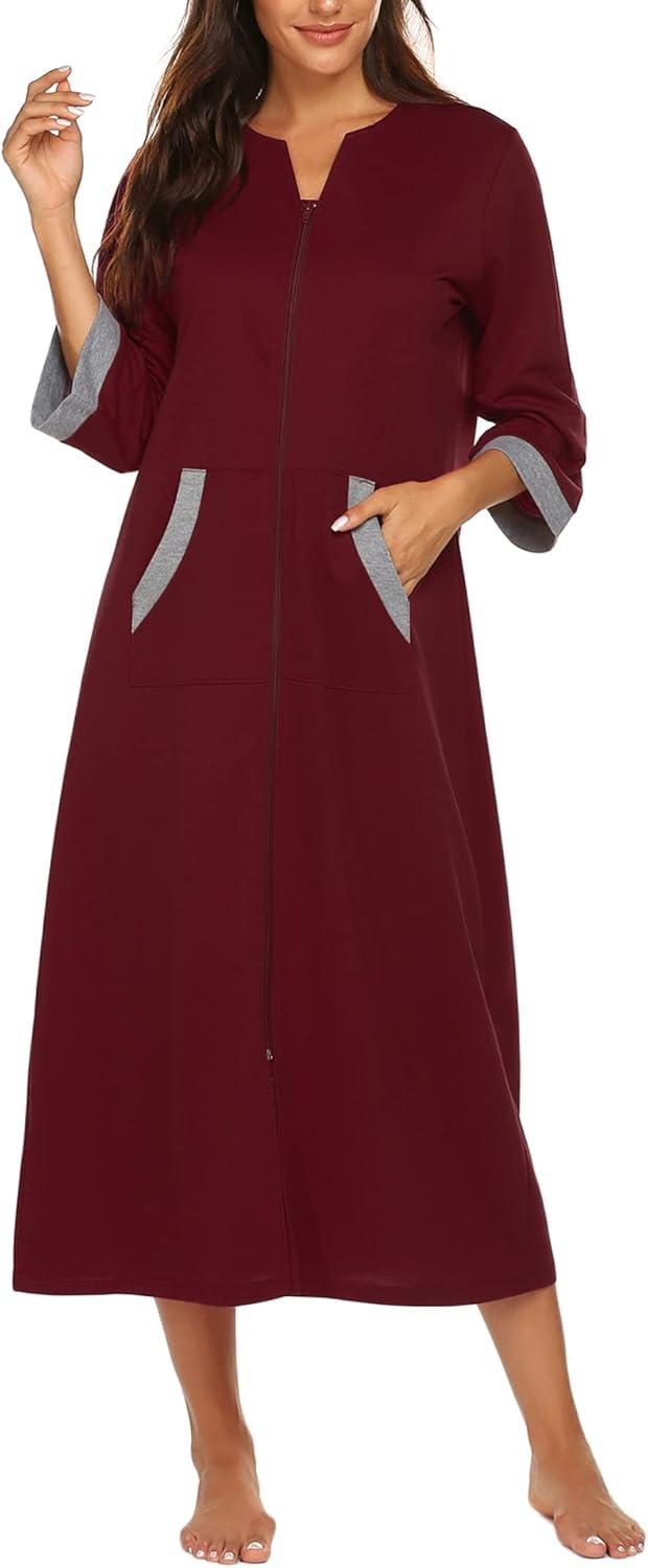 imageEkouaer Women Zipper Robe 34 Sleeves Loungewear Dress Full Length Sleepwear Pockets Housecoat Nightgown Long BathrobeStyle 1wine Red
