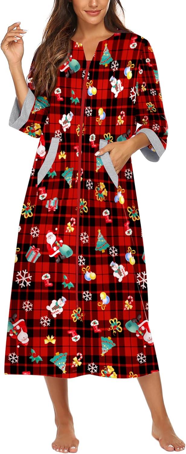 imageEkouaer Women Zipper Robe 34 Sleeves Loungewear Dress Full Length Sleepwear Pockets Housecoat Nightgown Long BathrobeXmas Print