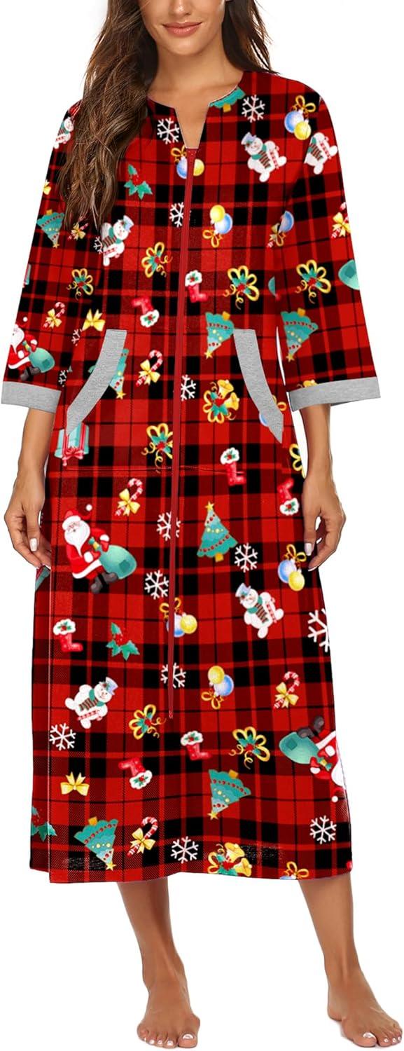imageEkouaer Women Zipper Robe 34 Sleeves Loungewear Dress Full Length Sleepwear Pockets Housecoat Nightgown Long BathrobeXmas Print