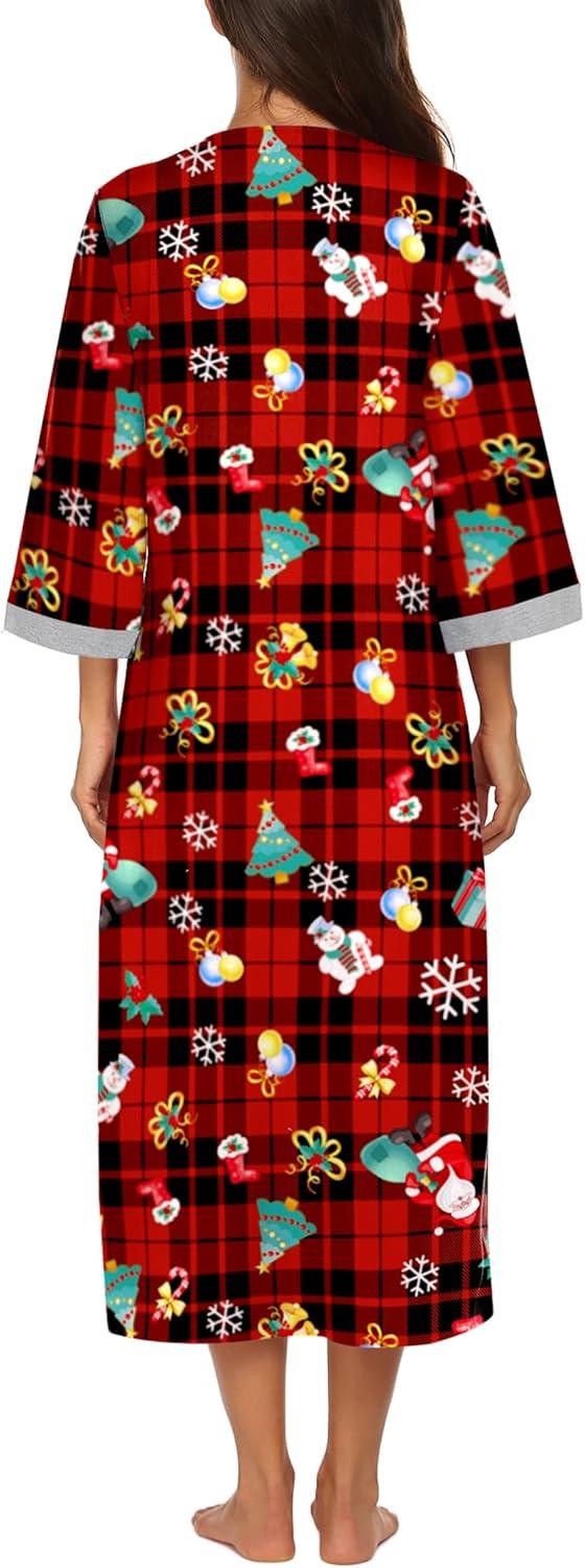 imageEkouaer Women Zipper Robe 34 Sleeves Loungewear Dress Full Length Sleepwear Pockets Housecoat Nightgown Long BathrobeXmas Print