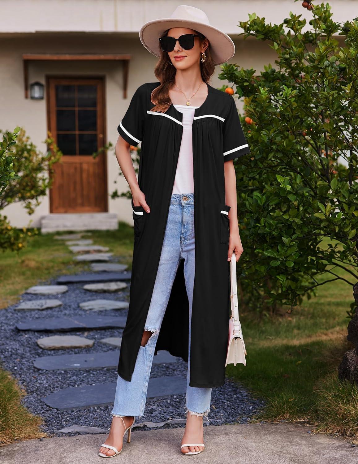 imageEkouaer Women Zipper Robes Knit Short Sleeve House Coat Soft Bathrobe Full Length Housecoat Dressing Gown with PocketsBlack