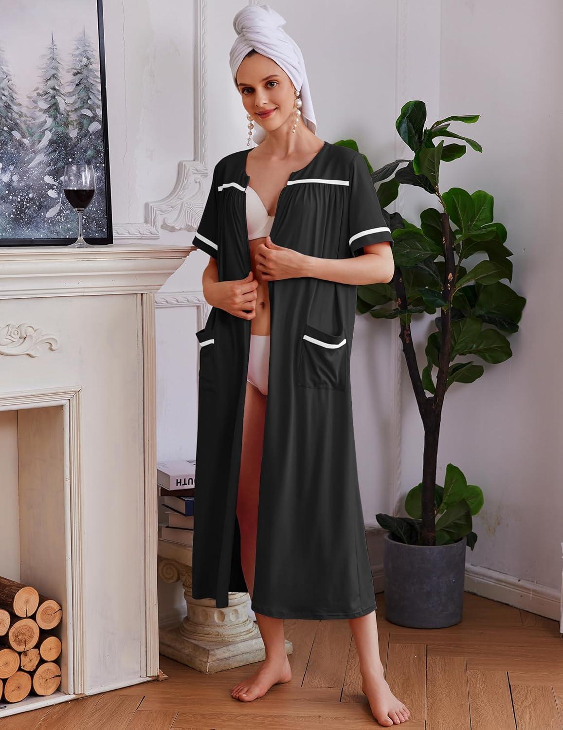 imageEkouaer Women Zipper Robes Knit Short Sleeve House Coat Soft Bathrobe Full Length Housecoat Dressing Gown with PocketsBlack