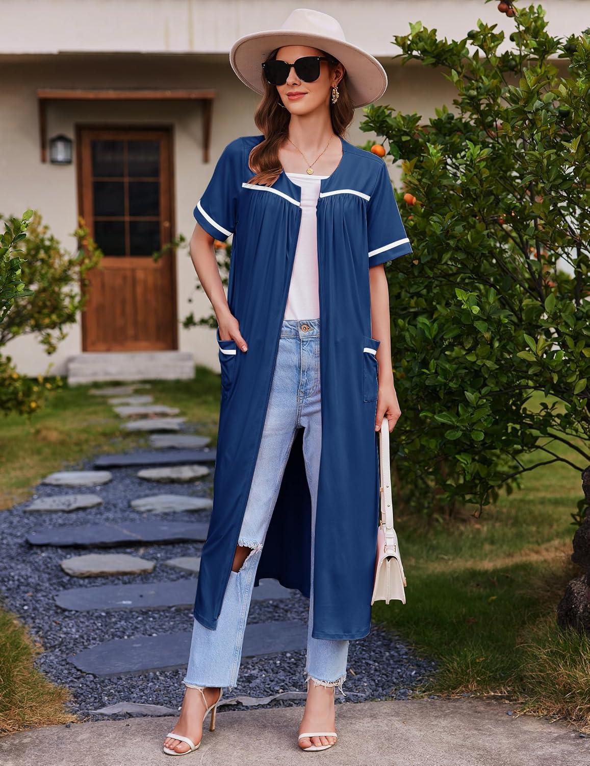 imageEkouaer Women Zipper Robes Knit Short Sleeve House Coat Soft Bathrobe Full Length Housecoat Dressing Gown with PocketsDark Blue