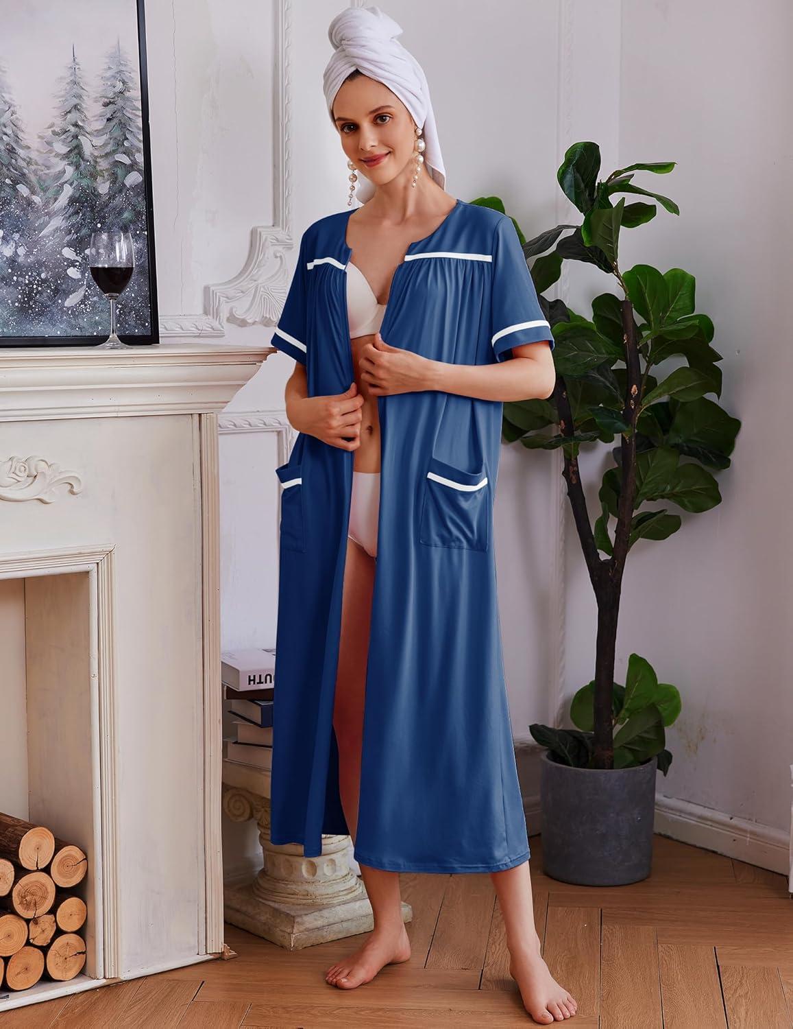 imageEkouaer Women Zipper Robes Knit Short Sleeve House Coat Soft Bathrobe Full Length Housecoat Dressing Gown with PocketsDark Blue