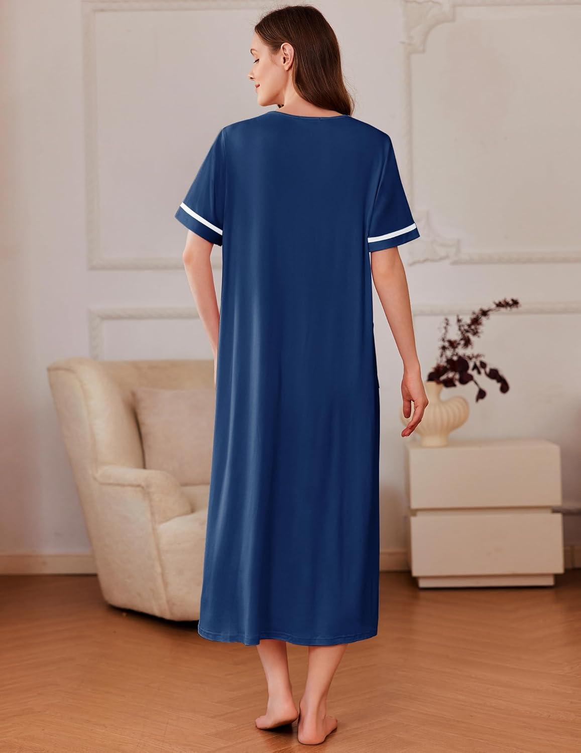 imageEkouaer Women Zipper Robes Knit Short Sleeve House Coat Soft Bathrobe Full Length Housecoat Dressing Gown with PocketsDark Blue