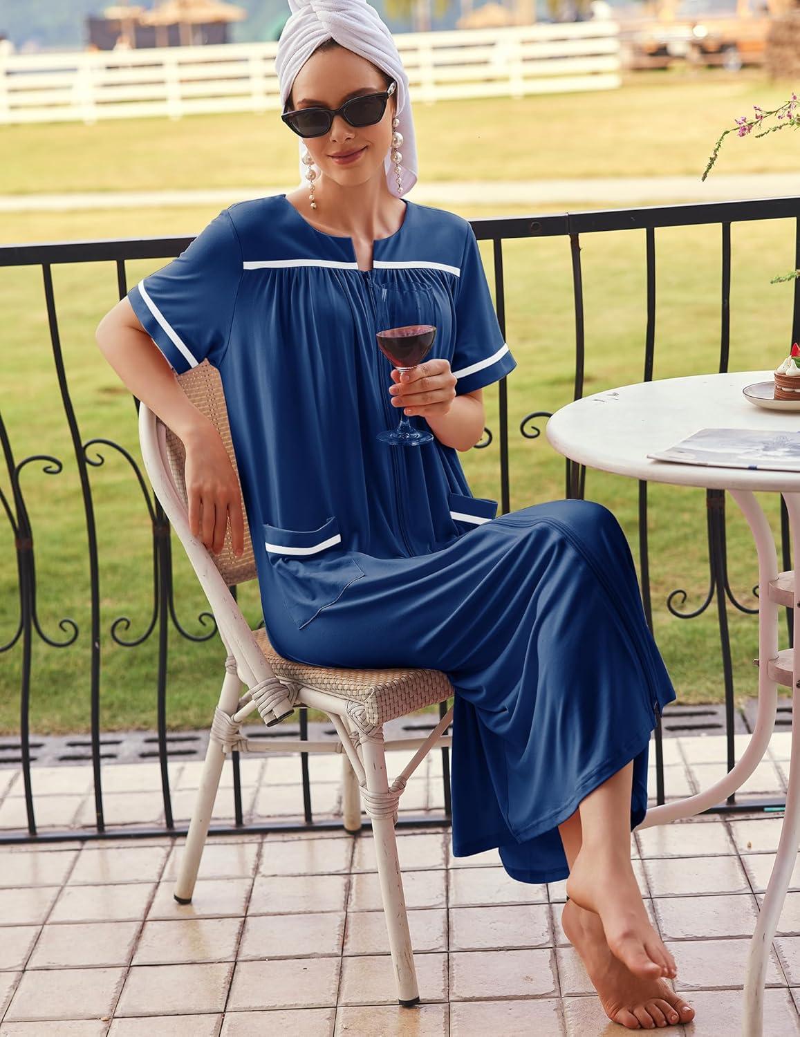 imageEkouaer Women Zipper Robes Knit Short Sleeve House Coat Soft Bathrobe Full Length Housecoat Dressing Gown with PocketsDark Blue