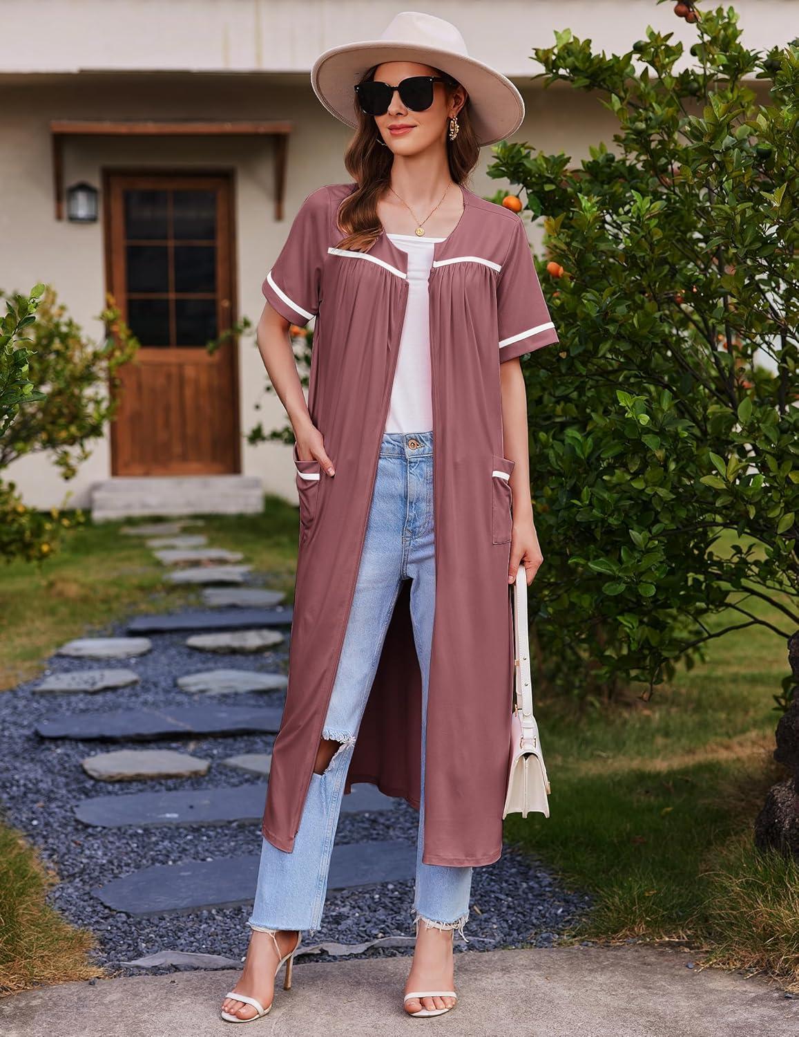 imageEkouaer Women Zipper Robes Knit Short Sleeve House Coat Soft Bathrobe Full Length Housecoat Dressing Gown with PocketsGray Purple