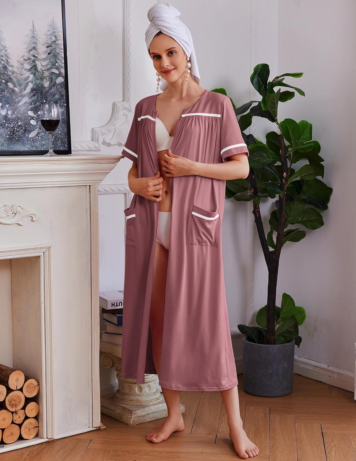 imageEkouaer Women Zipper Robes Knit Short Sleeve House Coat Soft Bathrobe Full Length Housecoat Dressing Gown with PocketsGray Purple