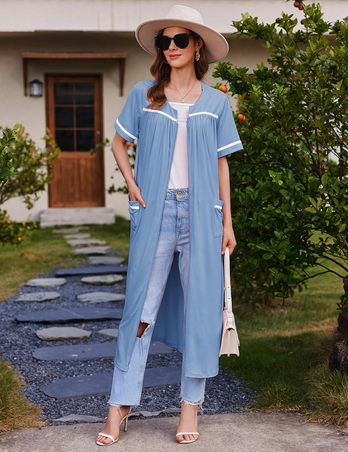 imageEkouaer Women Zipper Robes Knit Short Sleeve House Coat Soft Bathrobe Full Length Housecoat Dressing Gown with PocketsLight Blue