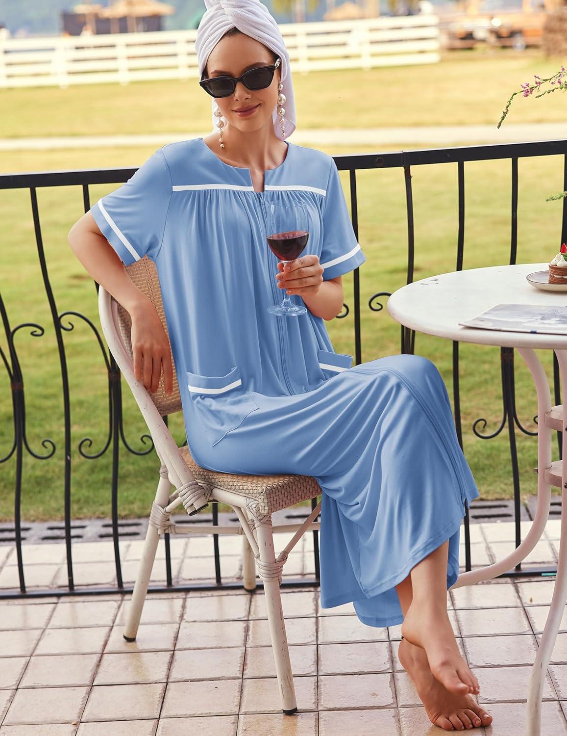 imageEkouaer Women Zipper Robes Knit Short Sleeve House Coat Soft Bathrobe Full Length Housecoat Dressing Gown with PocketsLight Blue