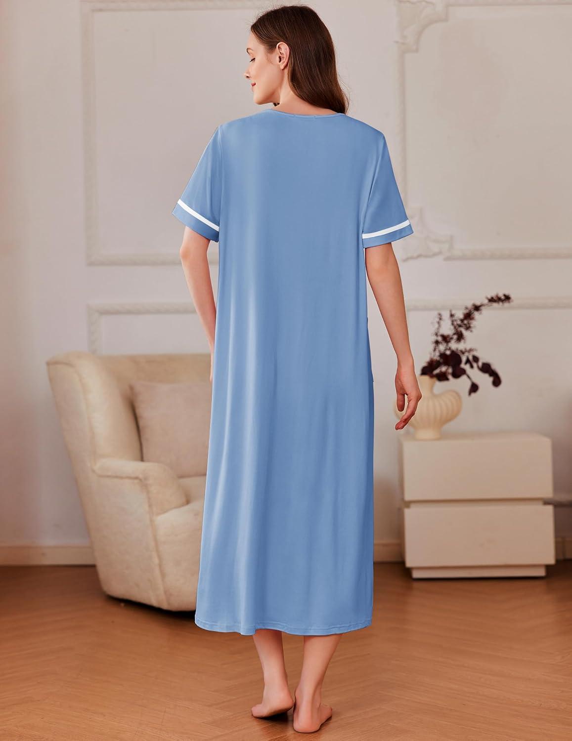 imageEkouaer Women Zipper Robes Knit Short Sleeve House Coat Soft Bathrobe Full Length Housecoat Dressing Gown with PocketsLight Blue