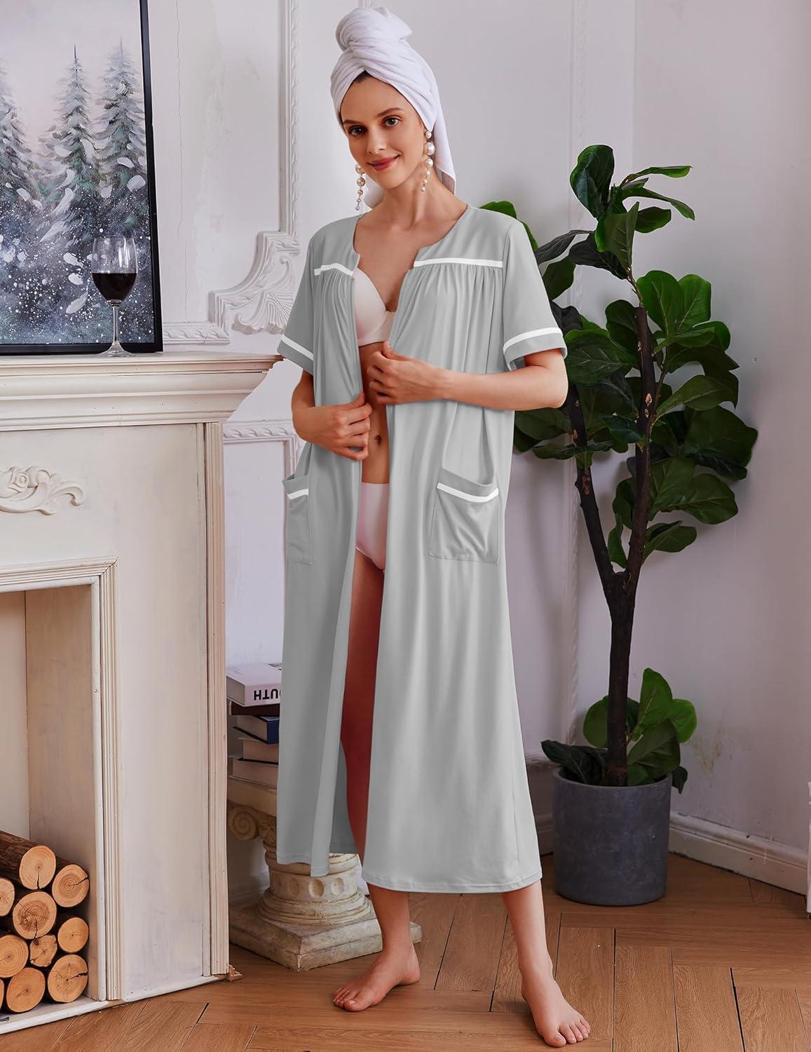 imageEkouaer Women Zipper Robes Knit Short Sleeve House Coat Soft Bathrobe Full Length Housecoat Dressing Gown with PocketsLight Grey