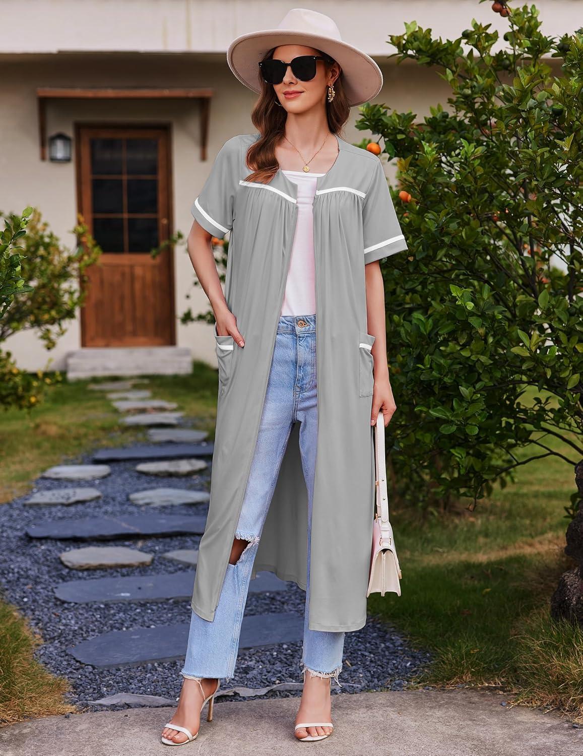 imageEkouaer Women Zipper Robes Knit Short Sleeve House Coat Soft Bathrobe Full Length Housecoat Dressing Gown with PocketsLight Grey