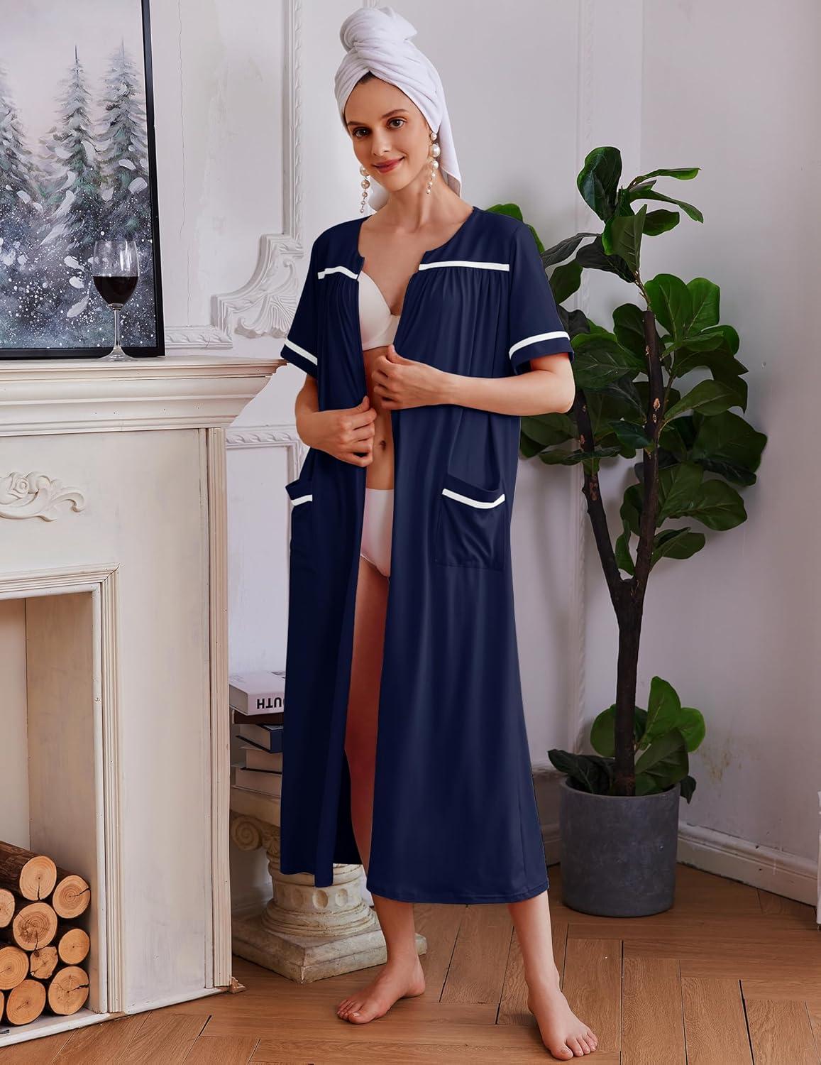 imageEkouaer Women Zipper Robes Knit Short Sleeve House Coat Soft Bathrobe Full Length Housecoat Dressing Gown with PocketsNavy Blue