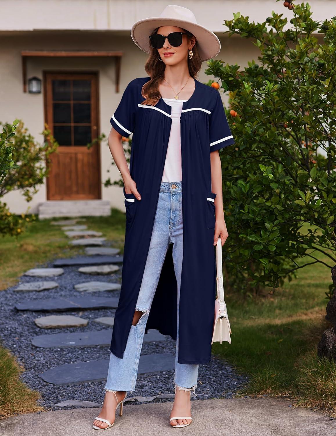 imageEkouaer Women Zipper Robes Knit Short Sleeve House Coat Soft Bathrobe Full Length Housecoat Dressing Gown with PocketsNavy Blue