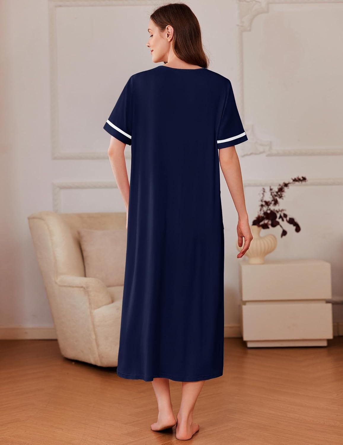 imageEkouaer Women Zipper Robes Knit Short Sleeve House Coat Soft Bathrobe Full Length Housecoat Dressing Gown with PocketsNavy Blue