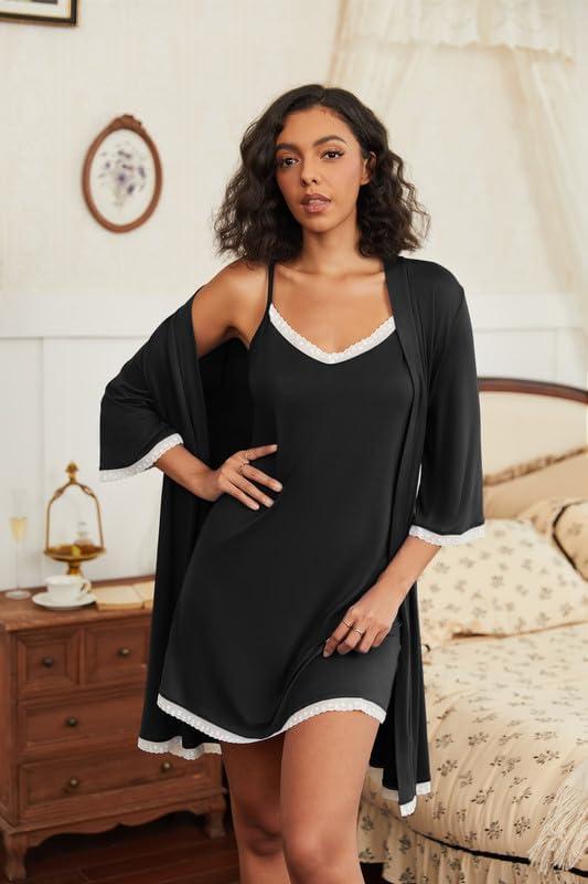 imageEkouaer Womens Nightgown and Robe Set 34 Sleeves Robes 2 Piece Bathrobe Set Vneck Lace Cami Sleepwear with Pockets S2XLBlack
