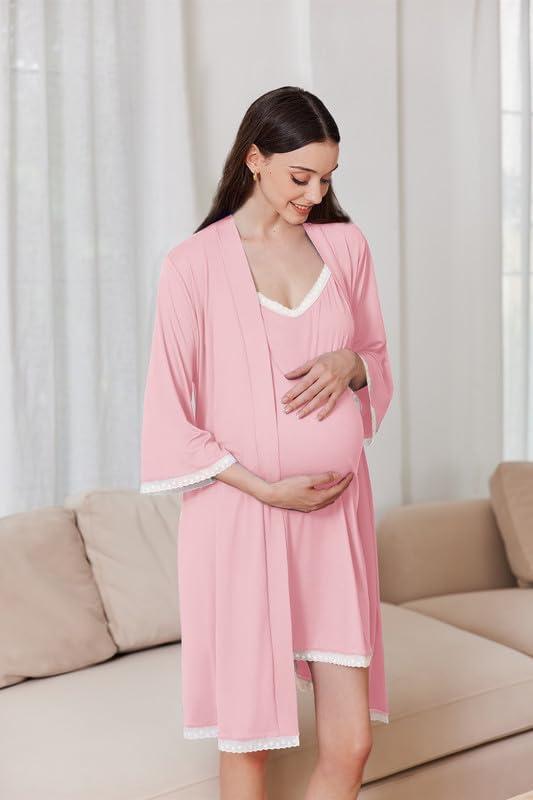 imageEkouaer Womens Nightgown and Robe Set 34 Sleeves Robes 2 Piece Bathrobe Set Vneck Lace Cami Sleepwear with Pockets S2XLDark Pink