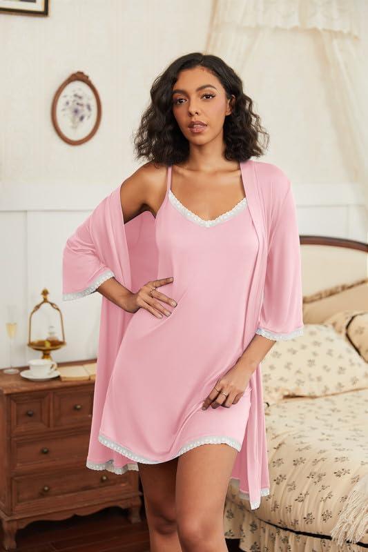 imageEkouaer Womens Nightgown and Robe Set 34 Sleeves Robes 2 Piece Bathrobe Set Vneck Lace Cami Sleepwear with Pockets S2XLDark Pink