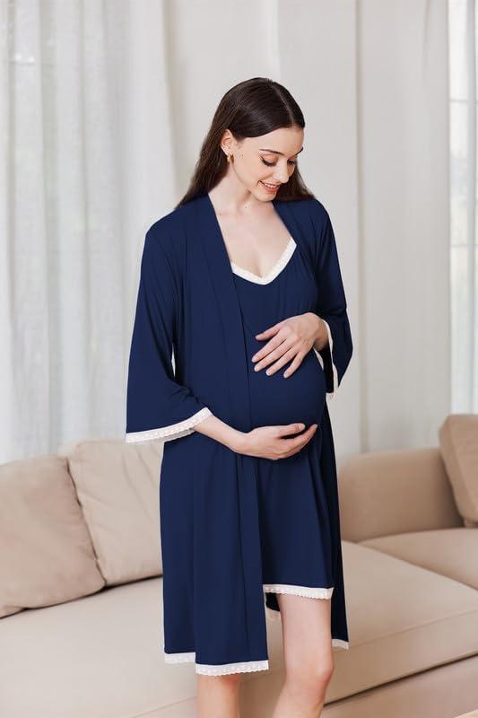 imageEkouaer Womens Nightgown and Robe Set 34 Sleeves Robes 2 Piece Bathrobe Set Vneck Lace Cami Sleepwear with Pockets S2XLNavy Blue