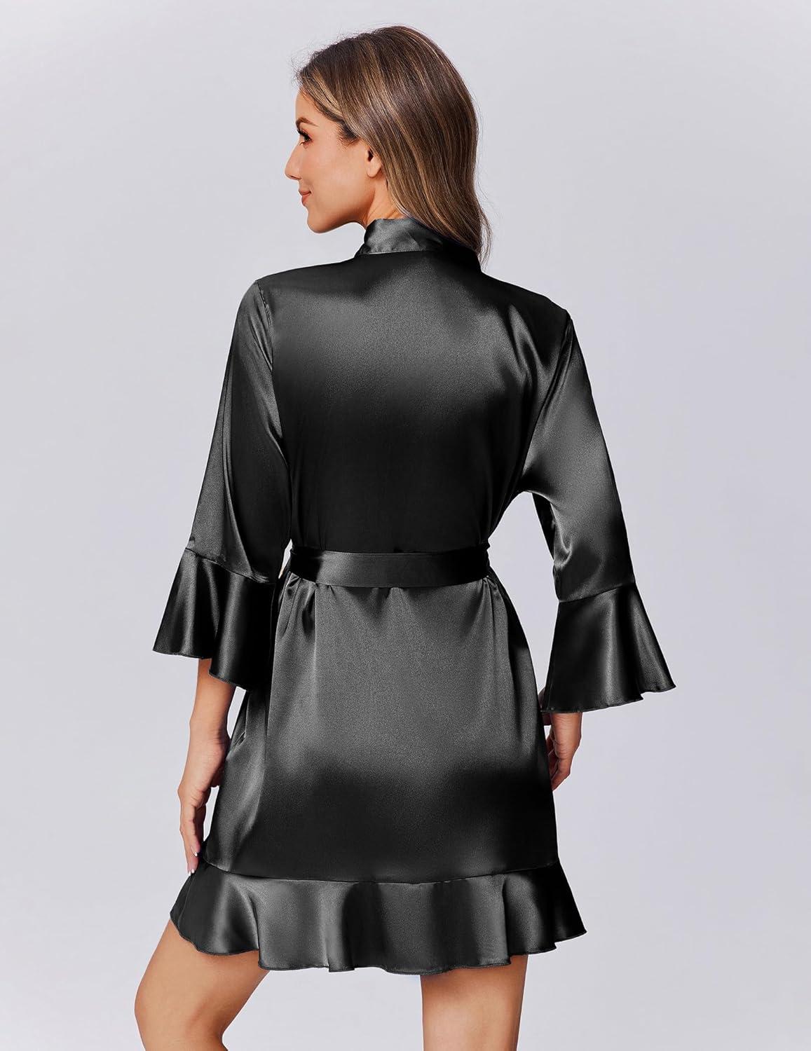imageEkouaer Womens Satin Robe Short Ruffle Hem Silky Robes Lightweight Kimono Brides Bathrobes Sleepwear XSXXLBlack