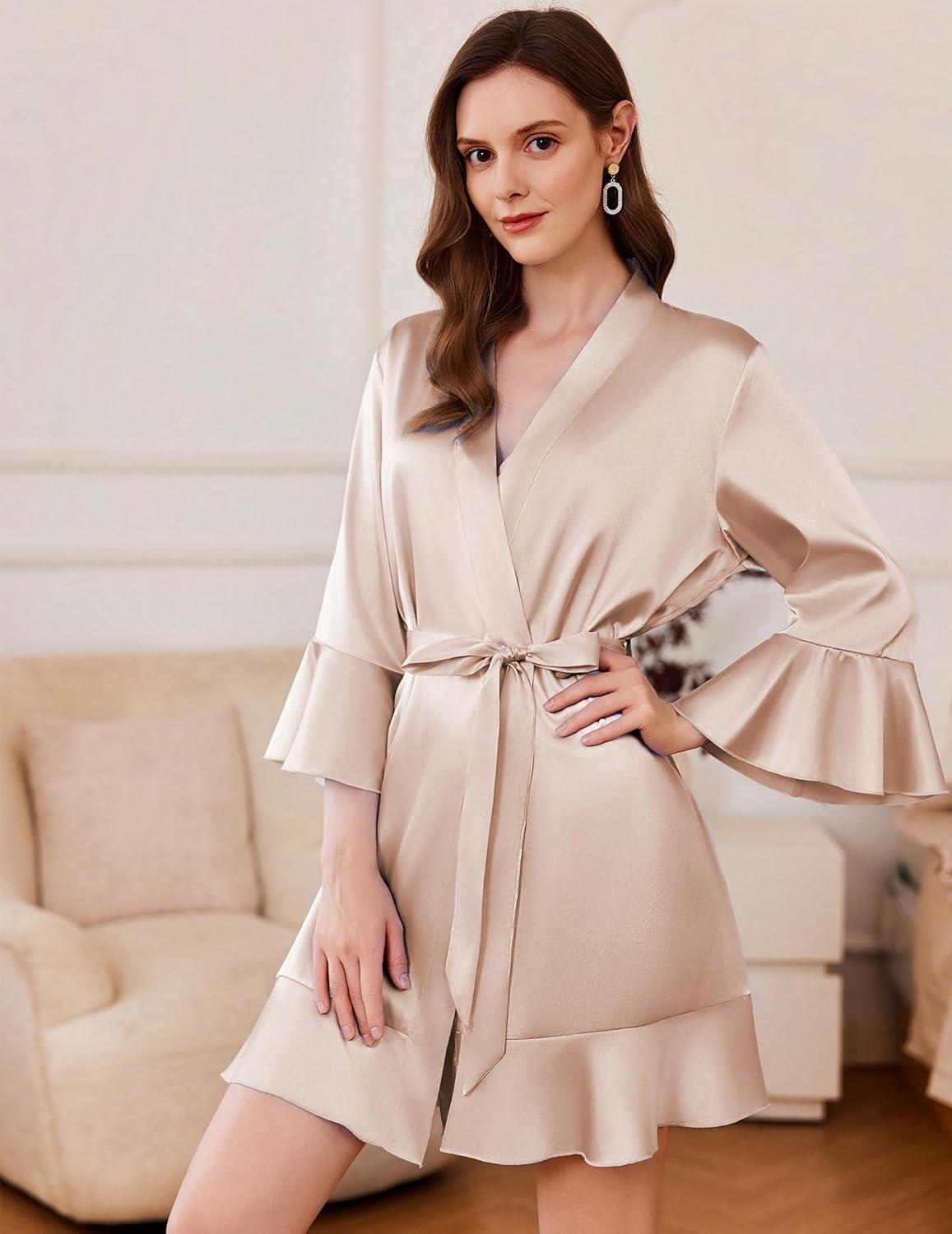 imageEkouaer Womens Satin Robe Short Ruffle Hem Silky Robes Lightweight Kimono Brides Bathrobes Sleepwear XSXXLChampagne