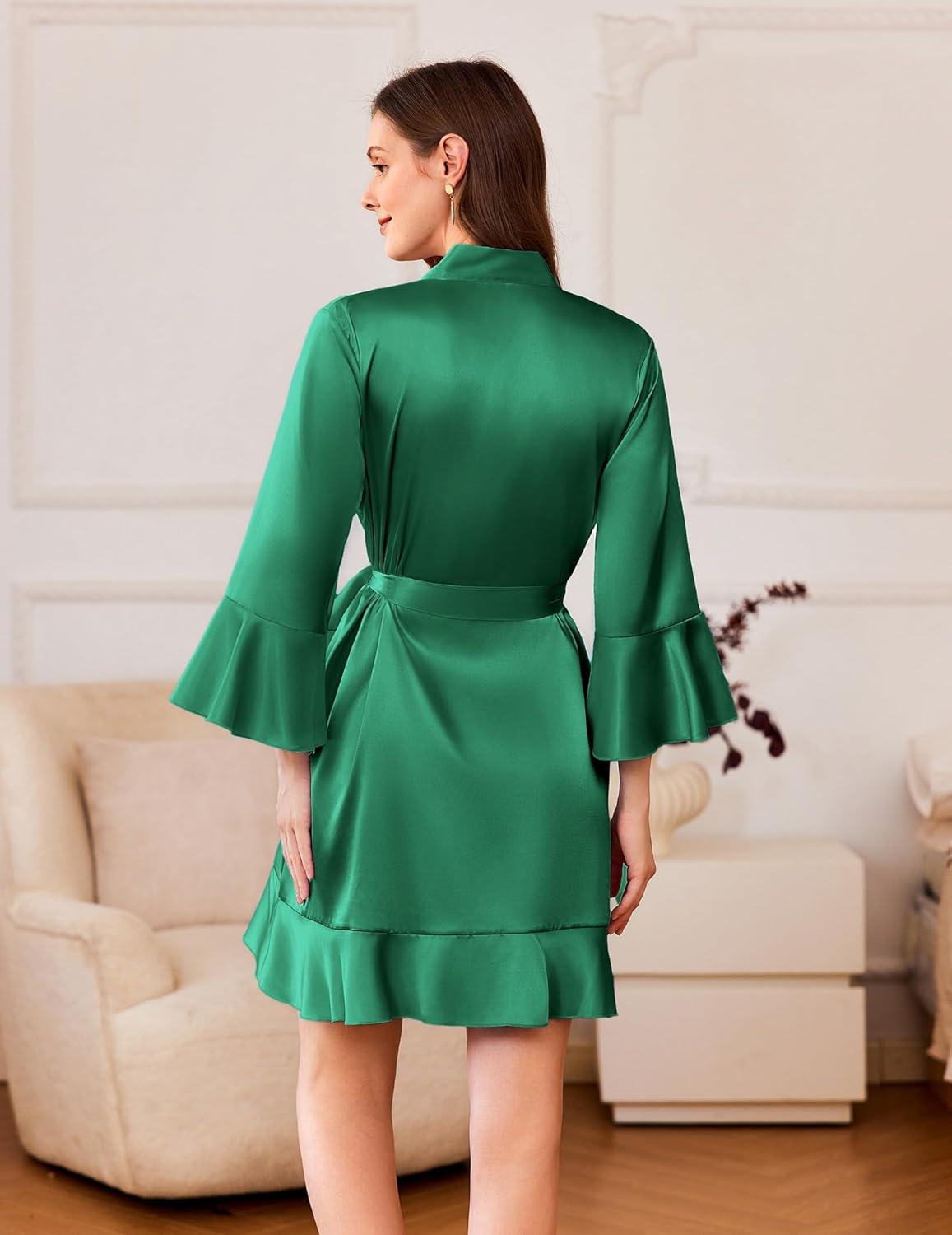 imageEkouaer Womens Satin Robe Short Ruffle Hem Silky Robes Lightweight Kimono Brides Bathrobes Sleepwear XSXXLDark Green