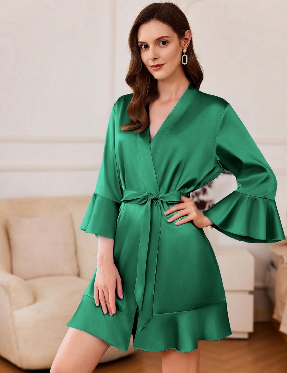 imageEkouaer Womens Satin Robe Short Ruffle Hem Silky Robes Lightweight Kimono Brides Bathrobes Sleepwear XSXXLDark Green