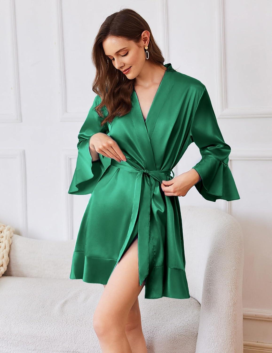 imageEkouaer Womens Satin Robe Short Ruffle Hem Silky Robes Lightweight Kimono Brides Bathrobes Sleepwear XSXXLDark Green