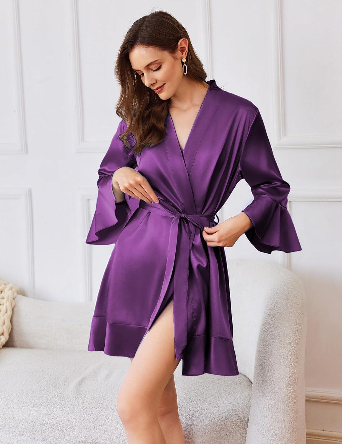 imageEkouaer Womens Satin Robe Short Ruffle Hem Silky Robes Lightweight Kimono Brides Bathrobes Sleepwear XSXXLDark Purple