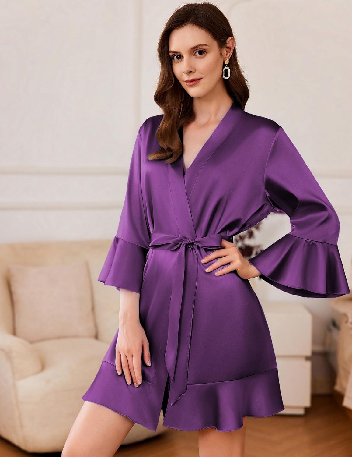 imageEkouaer Womens Satin Robe Short Ruffle Hem Silky Robes Lightweight Kimono Brides Bathrobes Sleepwear XSXXLDark Purple
