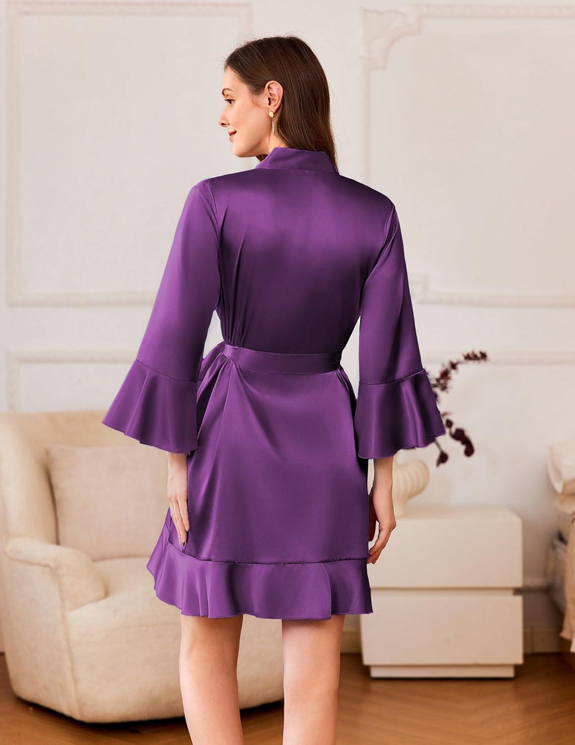 imageEkouaer Womens Satin Robe Short Ruffle Hem Silky Robes Lightweight Kimono Brides Bathrobes Sleepwear XSXXLDark Purple