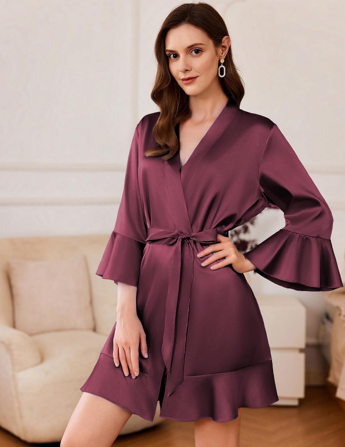 imageEkouaer Womens Satin Robe Short Ruffle Hem Silky Robes Lightweight Kimono Brides Bathrobes Sleepwear XSXXLDeep Red