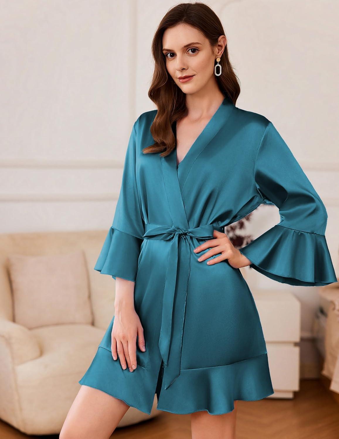 imageEkouaer Womens Satin Robe Short Ruffle Hem Silky Robes Lightweight Kimono Brides Bathrobes Sleepwear XSXXLPeacock Blue