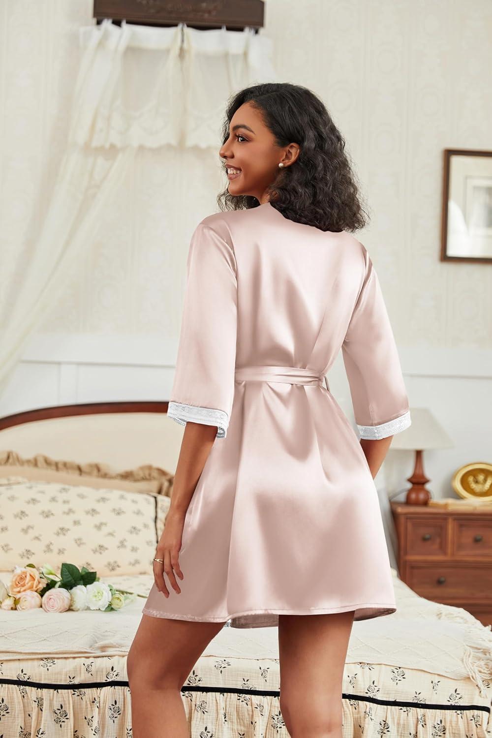 imageEkouaer Womens Satin Robes 34 Sleeve Silk Robes Short Kimono Sexy Bride Bathrobes Lace Trim Loungewear with PocketsChampagne