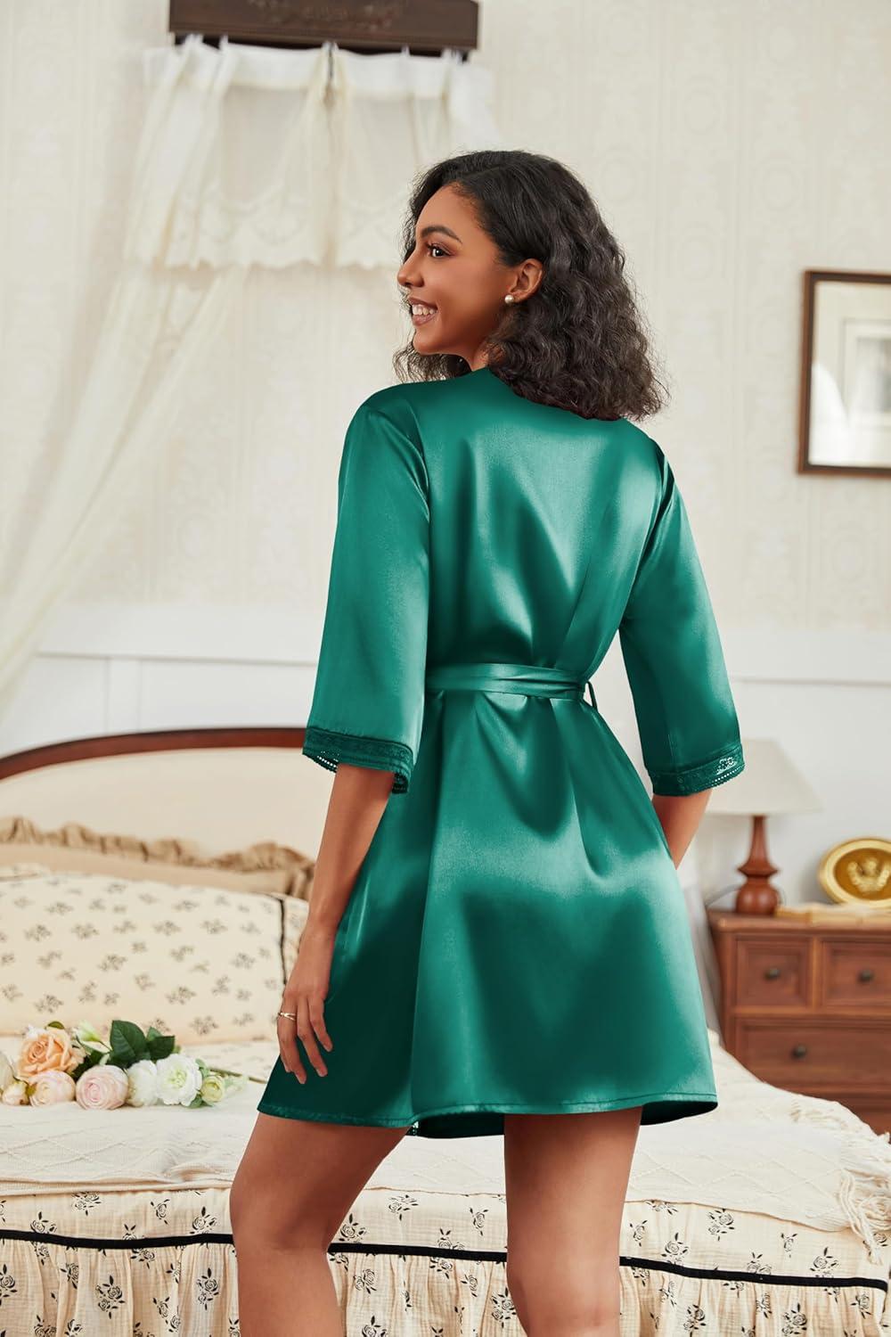 imageEkouaer Womens Satin Robes 34 Sleeve Silk Robes Short Kimono Sexy Bride Bathrobes Lace Trim Loungewear with PocketsDark Green