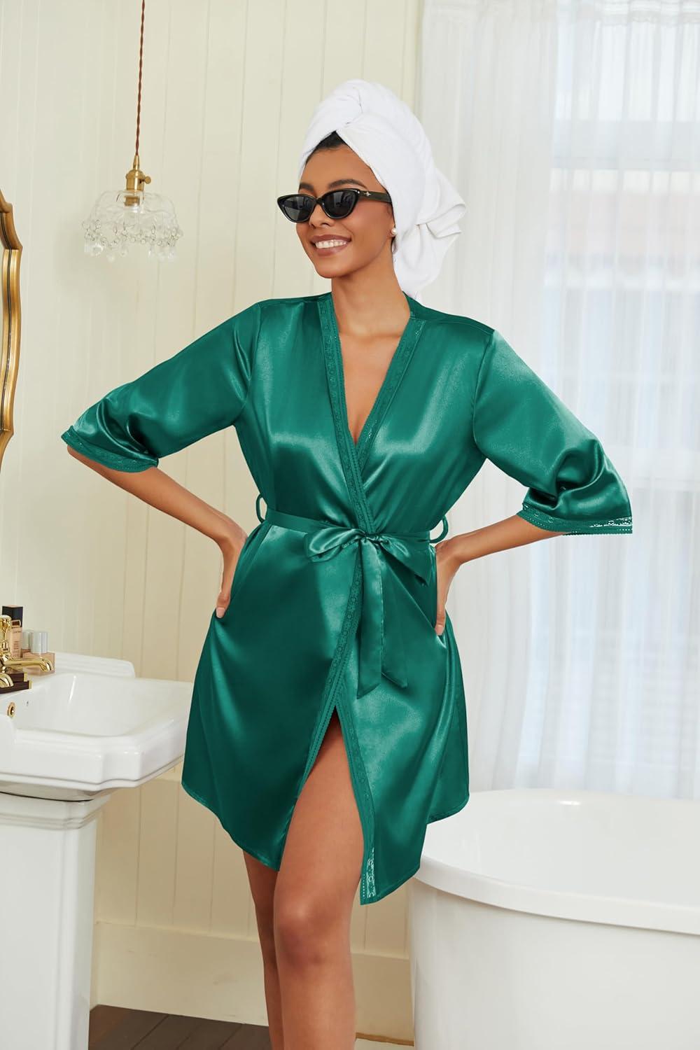 imageEkouaer Womens Satin Robes 34 Sleeve Silk Robes Short Kimono Sexy Bride Bathrobes Lace Trim Loungewear with PocketsDark Green