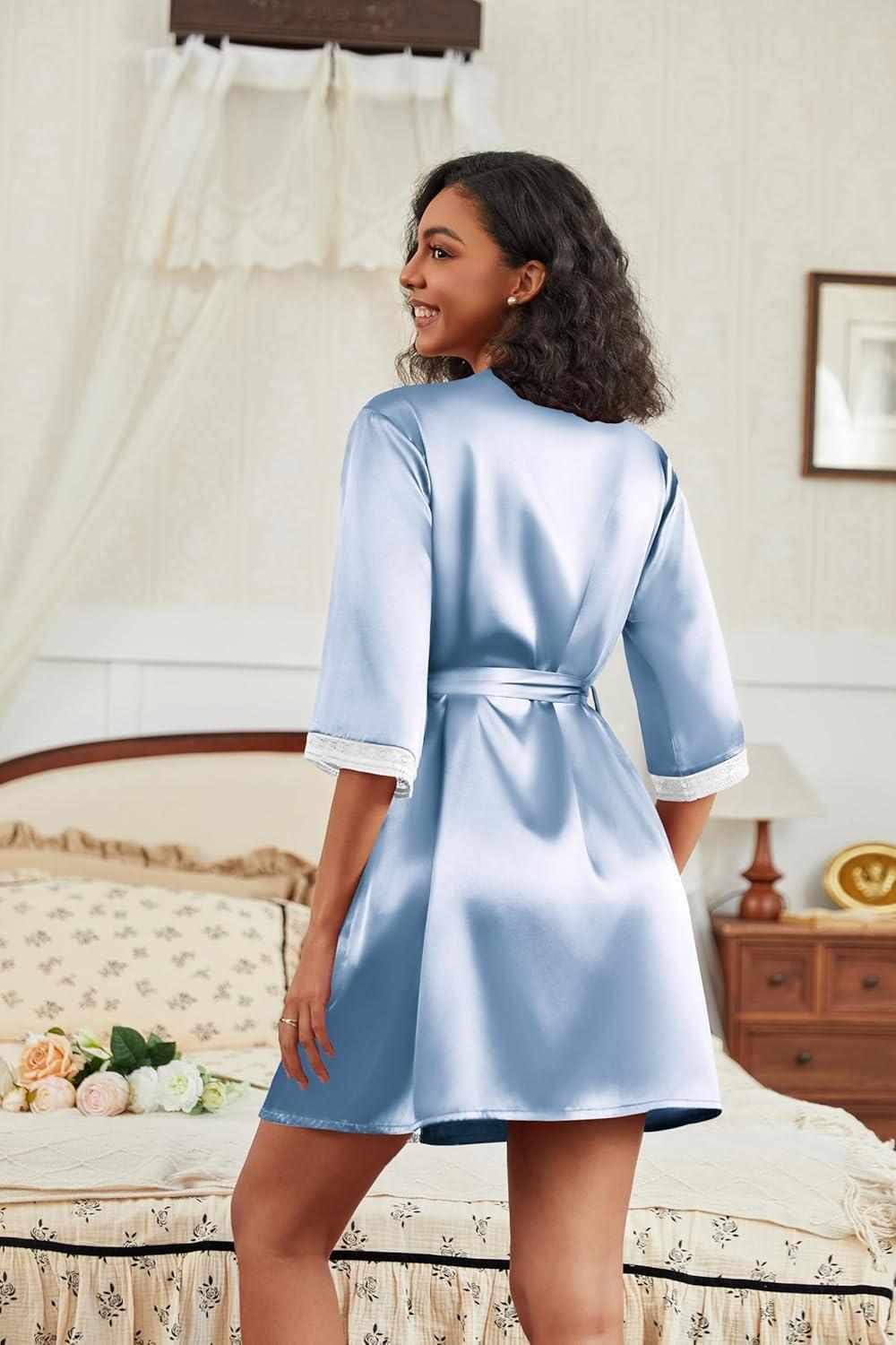 imageEkouaer Womens Satin Robes 34 Sleeve Silk Robes Short Kimono Sexy Bride Bathrobes Lace Trim Loungewear with PocketsLight Blue