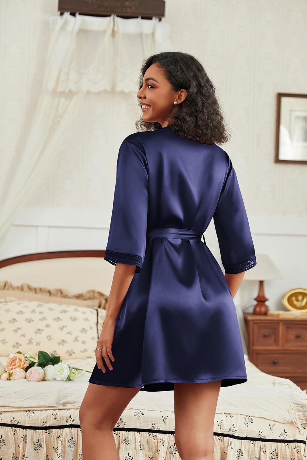 imageEkouaer Womens Satin Robes 34 Sleeve Silk Robes Short Kimono Sexy Bride Bathrobes Lace Trim Loungewear with PocketsNavy Blue