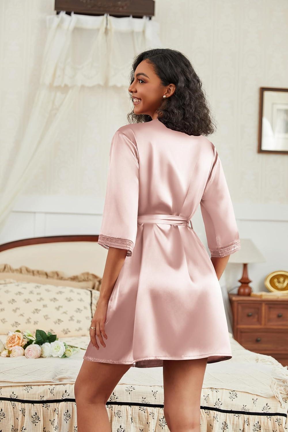 imageEkouaer Womens Satin Robes 34 Sleeve Silk Robes Short Kimono Sexy Bride Bathrobes Lace Trim Loungewear with PocketsPink