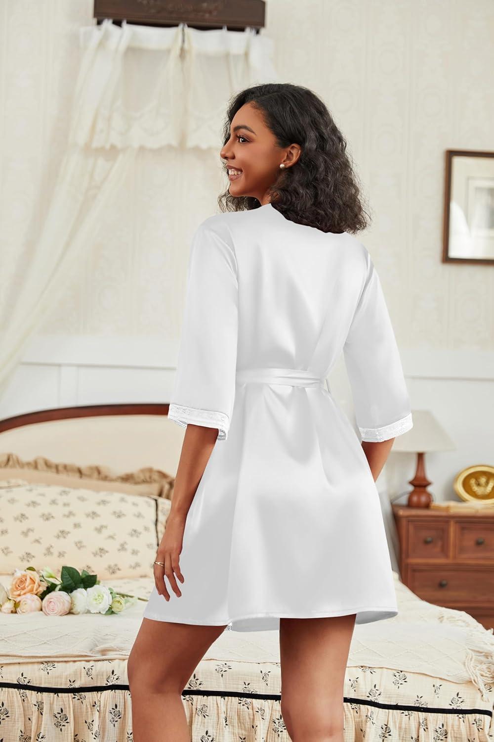 imageEkouaer Womens Satin Robes 34 Sleeve Silk Robes Short Kimono Sexy Bride Bathrobes Lace Trim Loungewear with PocketsWhite