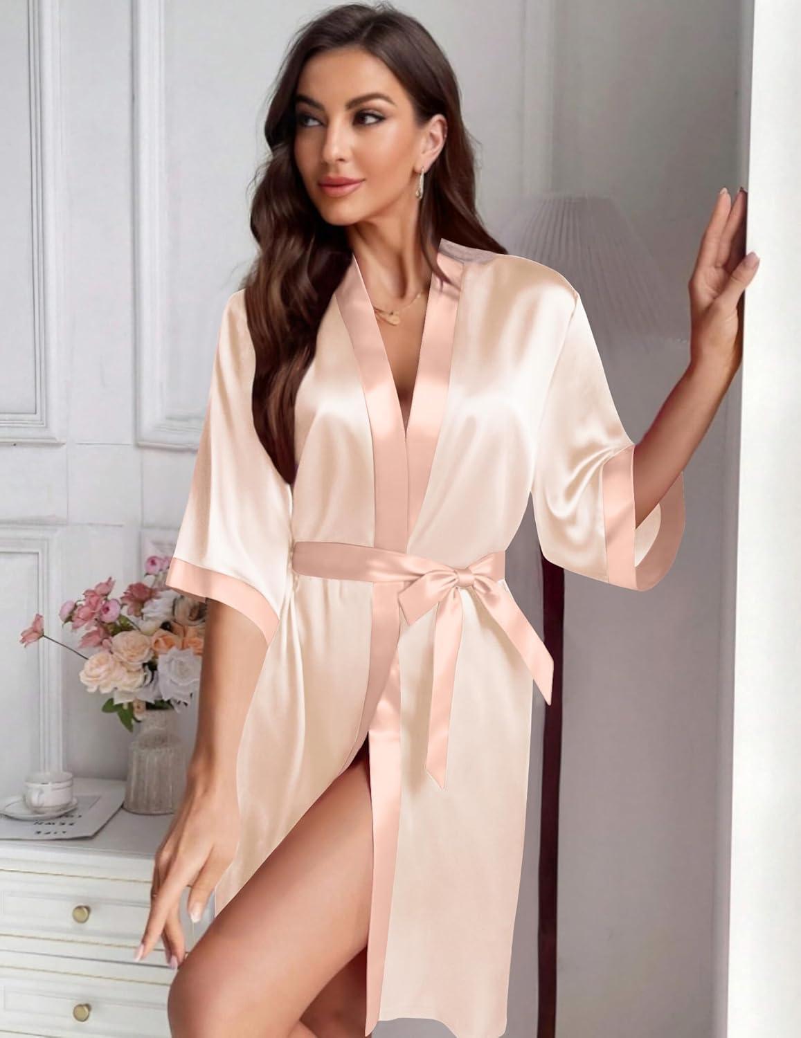 imageEkouaer Womens Satin Robes Silk Kimono Bathrobe 34 Sleeve Bridal Bridesmaids Robes Soft Silky Sleepwear SXXLFlesh Color