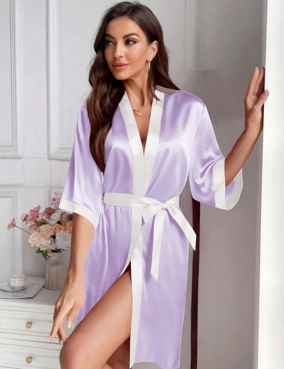 imageEkouaer Womens Satin Robes Silk Kimono Bathrobe 34 Sleeve Bridal Bridesmaids Robes Soft Silky Sleepwear SXXLLavender