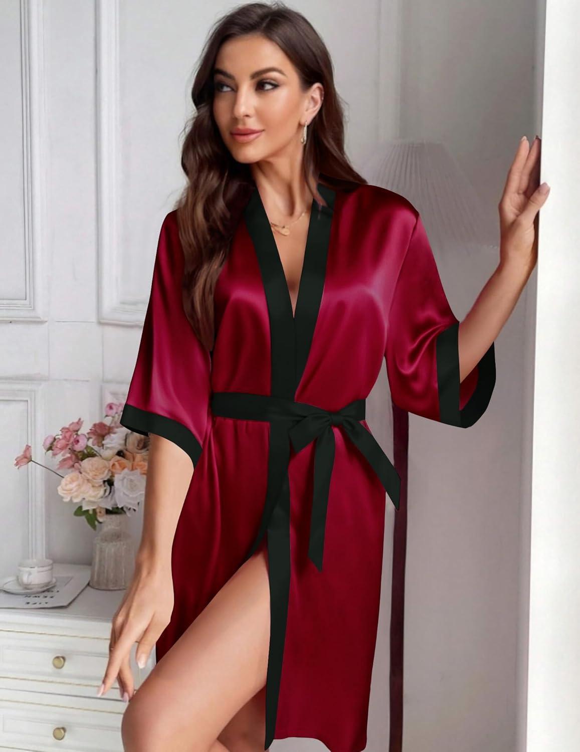 imageEkouaer Womens Satin Robes Silk Kimono Bathrobe 34 Sleeve Bridal Bridesmaids Robes Soft Silky Sleepwear SXXLWine Red