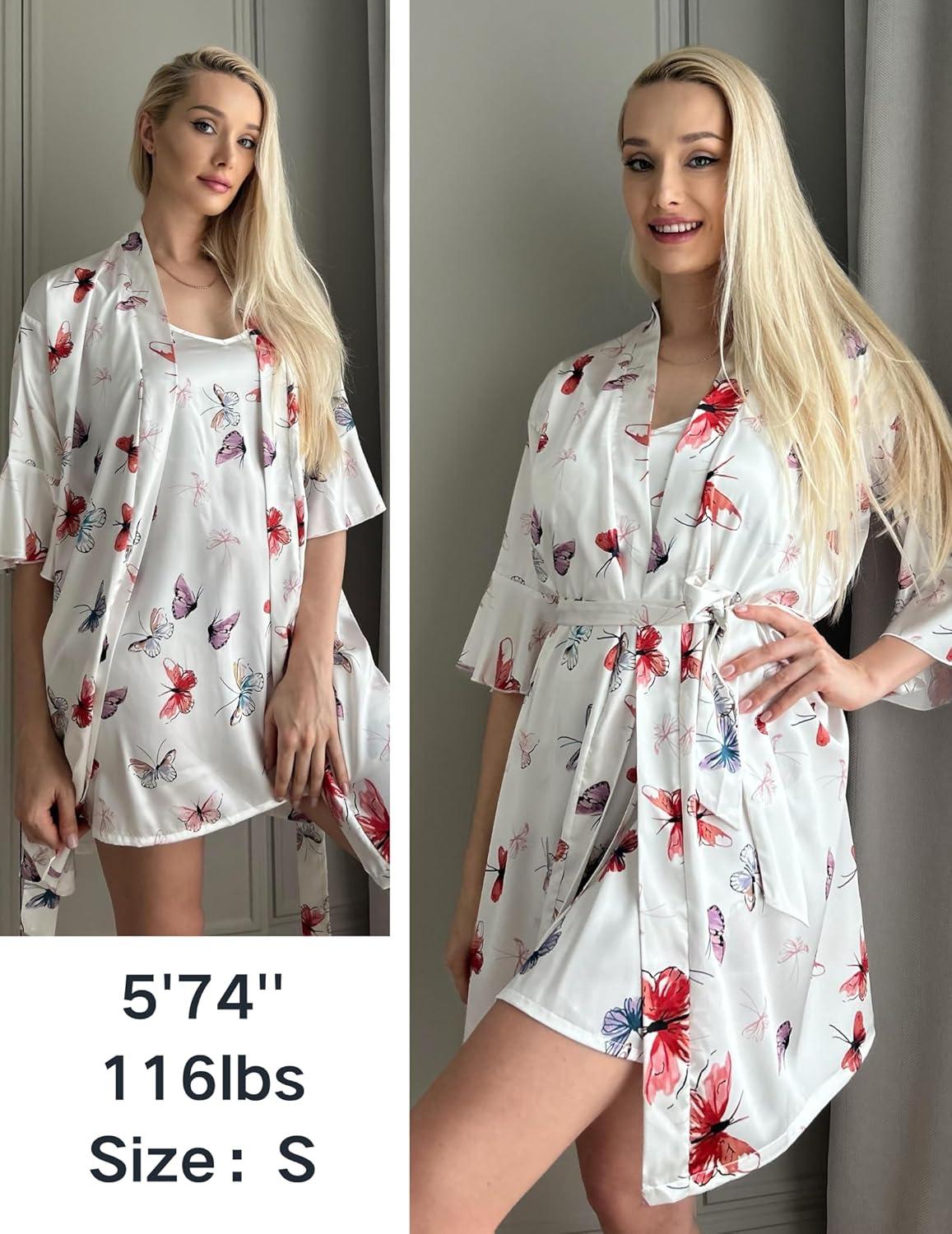 imageEkouaer Womens Silk Robe Set Vneck 2 Piece Bridal Party Robes and Satin Bathrobe Set with PocketsButterfly