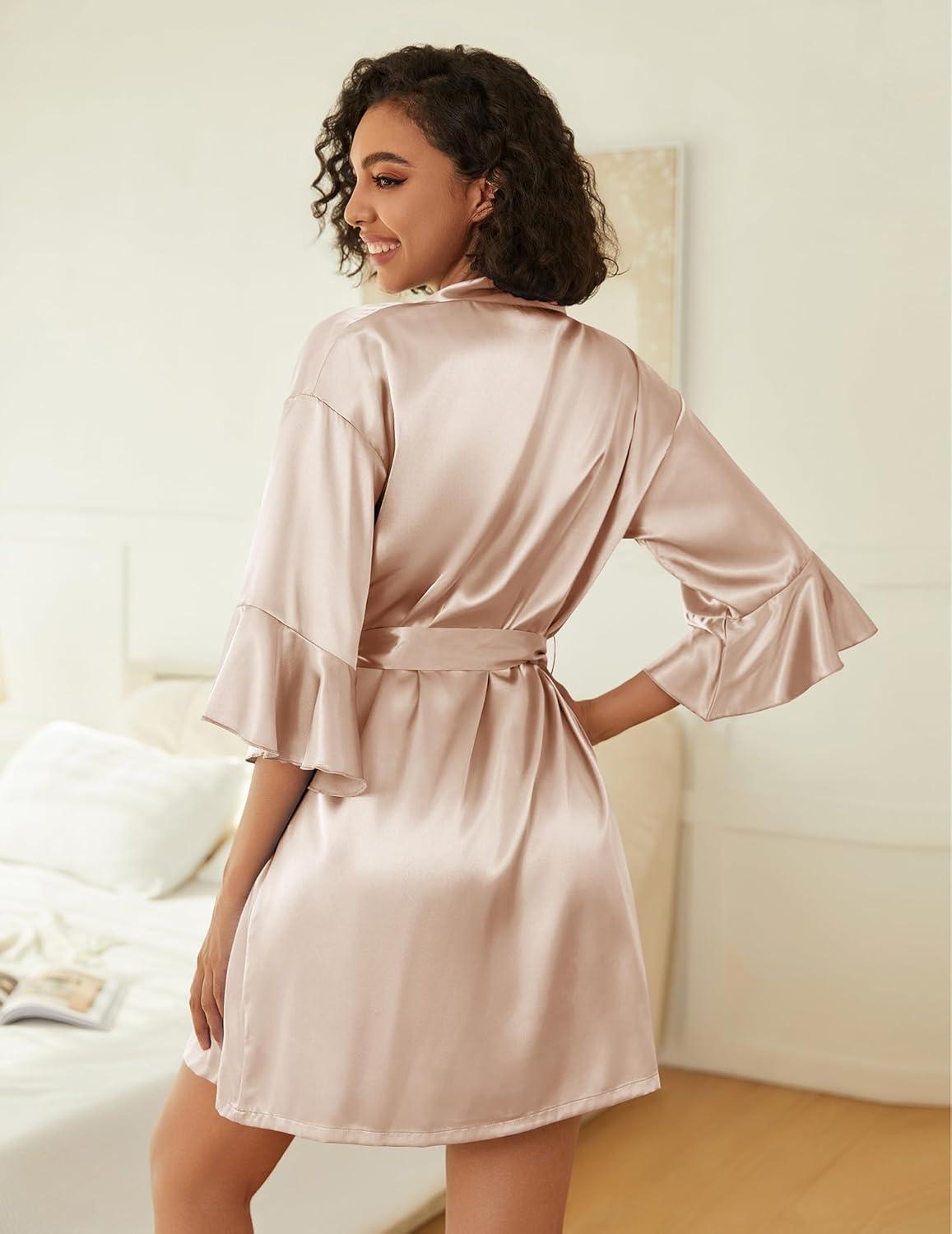 imageEkouaer Womens Silk Robe Set Vneck 2 Piece Bridal Party Robes and Satin Bathrobe Set with PocketsChampagne