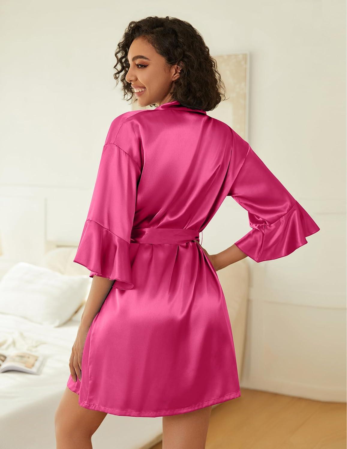 imageEkouaer Womens Silk Robe Set Vneck 2 Piece Bridal Party Robes and Satin Bathrobe Set with PocketsRose